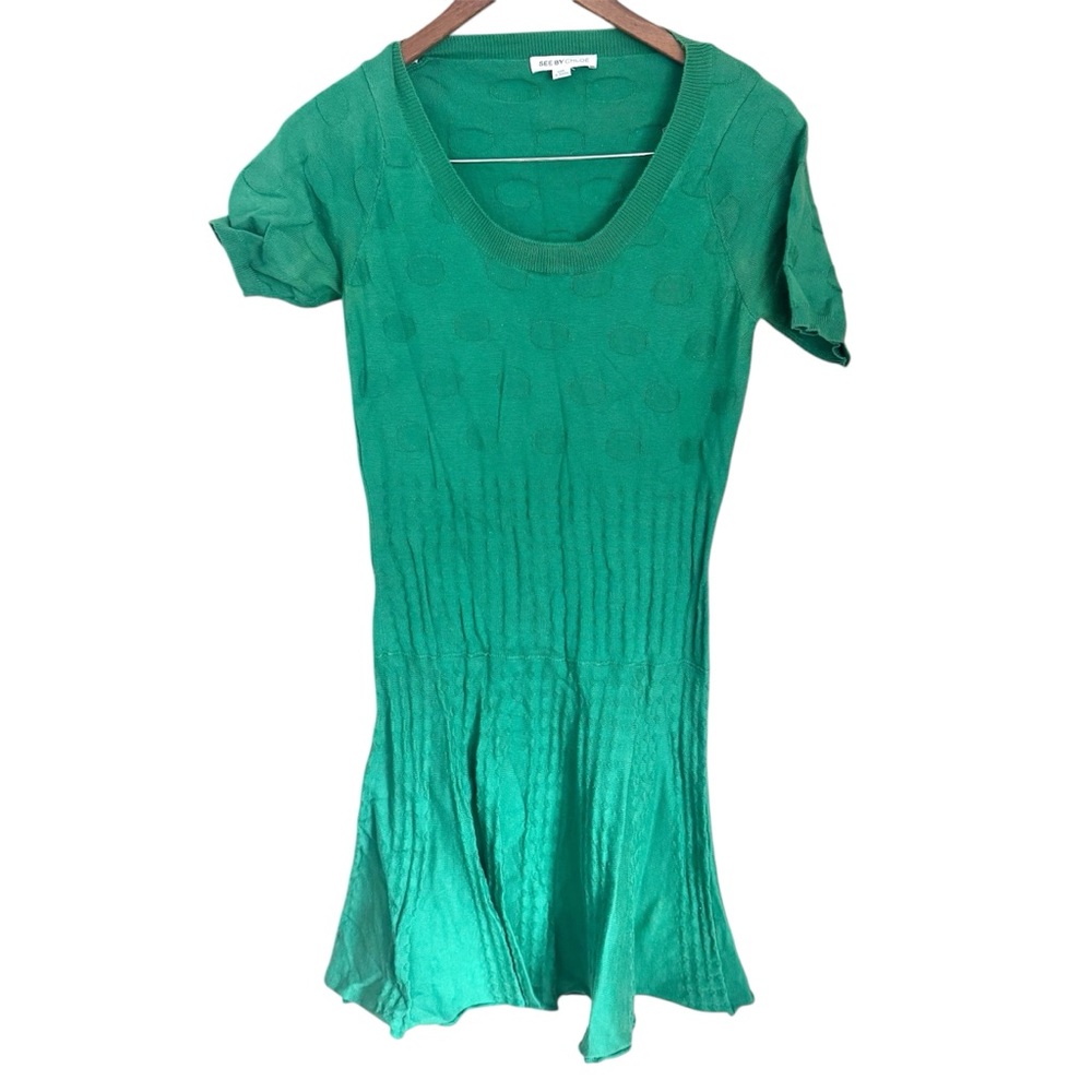 See by Chloe Embossed Polka Dot Cotton Short Sleeve Sweater Dress Green Small